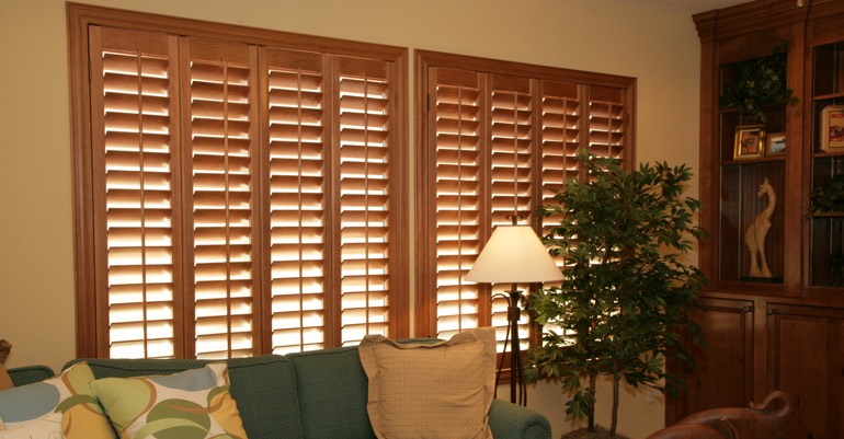 Hardwood shutters in Philadelphia living room.